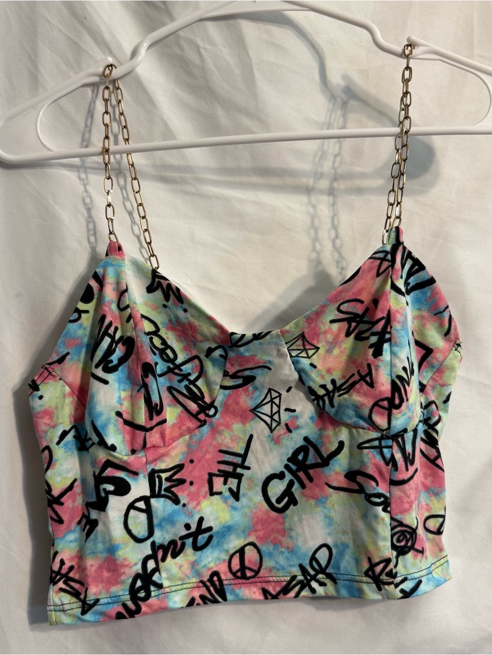 Tie-Dye Graffiti Crop Cami with Gold Chain Straps